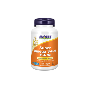 A white bottle of Now Foods Super Omega 3-6-9 90 Softgels with a purple cap and orange label, rich in polyunsaturated fatty acids to support cardiovascular health.